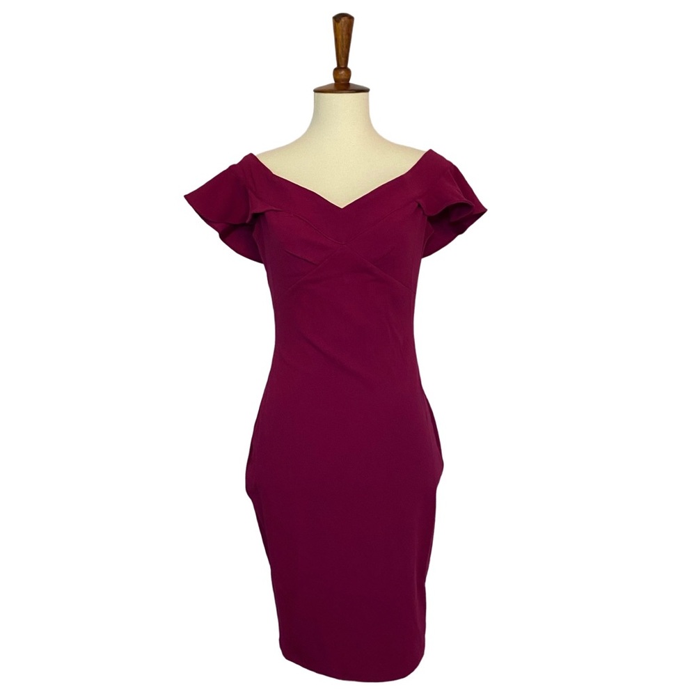 Raspberry Off the Shoulder Flutter Sleeve Bodycon Dress - Picture 7 of 16